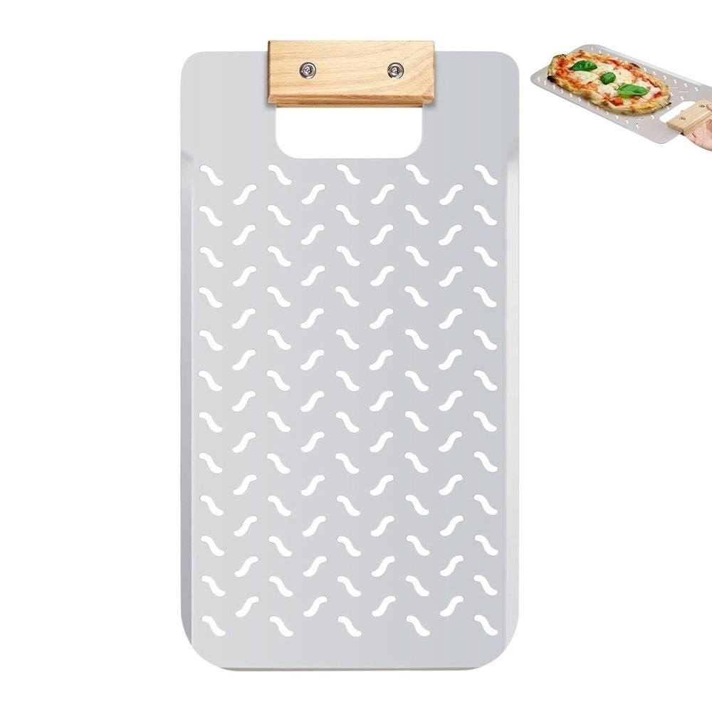 Perforated Rectangular Metal Pizza Peel Paddle with Wooden Handle 20 x 11"